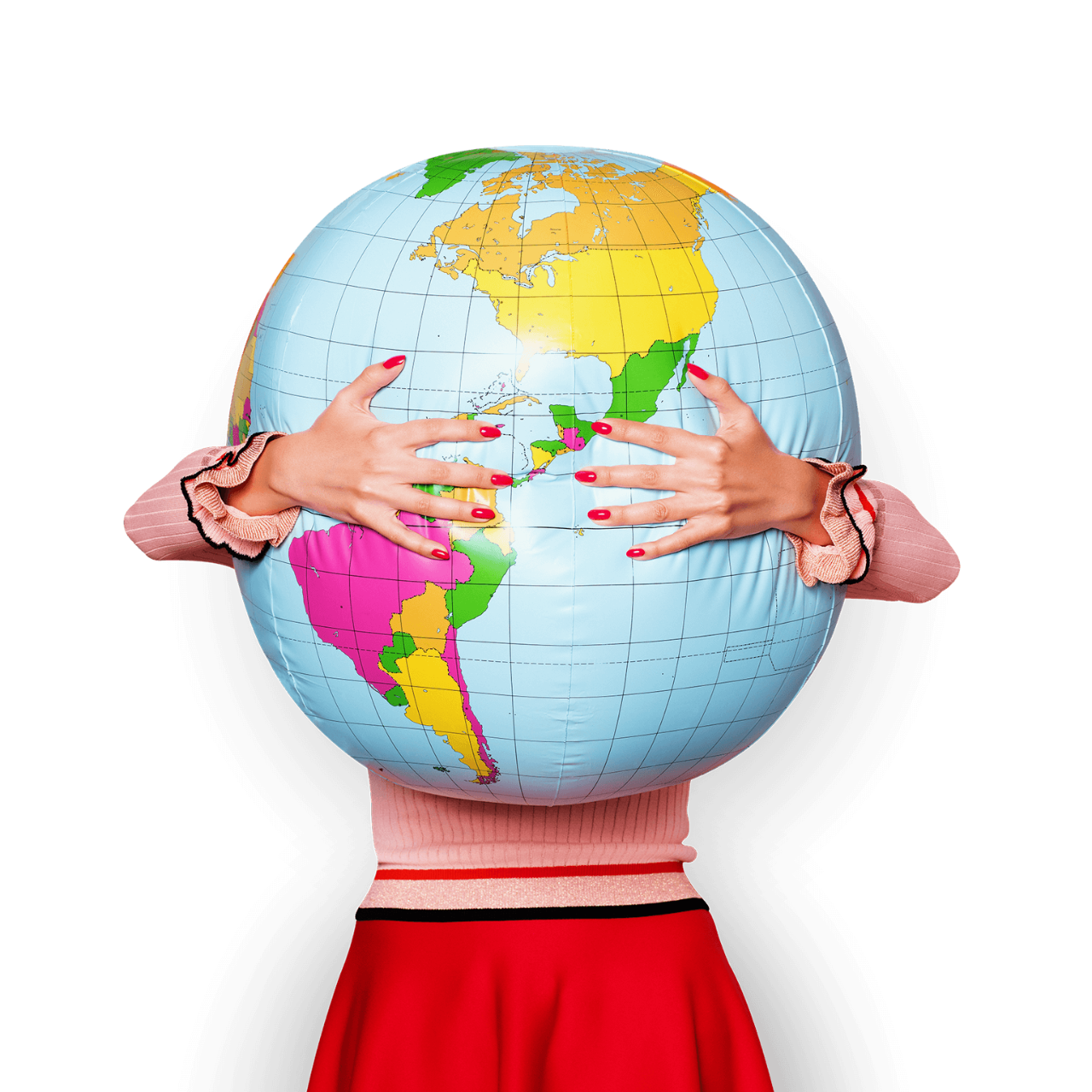 一个穿着红裙子的女人拥抱着一个巨大的、不可预测的全球.